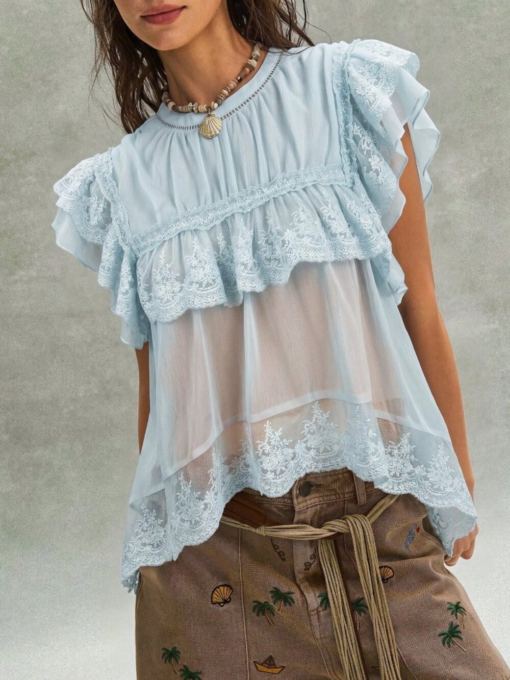 Blue Bohemian Women's Embroidered Ruffled Lace Patchwork Blouse - Picture 3 of 9